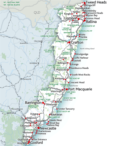 Newcastle, Wauchope, Port Macquarie,  Hastings Valley, Laurieton, Kempsey, Taree, Manning Valley, Forster & Tuncurry, and Coffs Harbour.